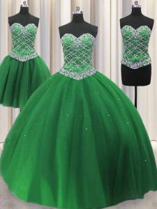 Super Three Piece Sequins Floor Length Green Quinceanera Dress Sweetheart Sleeveless Lace Up