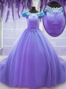 Glamorous Scoop Lavender Tulle Lace Up Vestidos de Quinceanera Short Sleeves Court Train Hand Made Flower