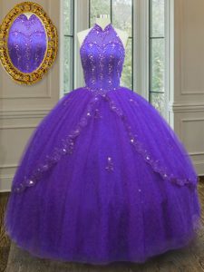 High-neck Sleeveless 15 Quinceanera Dress Floor Length Beading and Appliques Purple Tulle