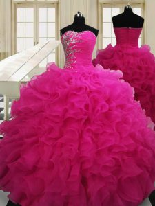 Inexpensive Beading Vestidos de Quinceanera Hot Pink Zipper Sleeveless Floor Length