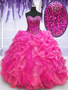Dramatic Hot Pink Lace Up Sweet 16 Quinceanera Dress Beading and Ruffles Sleeveless Floor Length