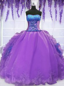Hot Selling Purple Strapless Neckline Embroidery and Ruffles Quinceanera Gowns Sleeveless Lace Up