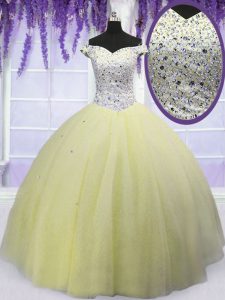 Smart Off the Shoulder Light Yellow Lace Up Ball Gown Prom Dress Beading Short Sleeves Floor Length