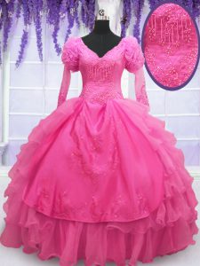 Discount Hot Pink Organza Lace Up Sweet 16 Quinceanera Dress Long Sleeves Floor Length Beading and Embroidery and Hand M