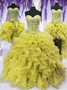 Custom Design Four Piece Light Yellow Organza Lace Up Sweetheart Sleeveless Floor Length Quinceanera Dress Beading and R