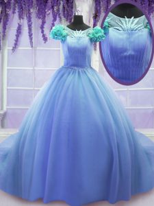 Chic Blue Sweet 16 Dress Military Ball and Sweet 16 and Quinceanera and For with Hand Made Flower Scoop Short Sleeves Co