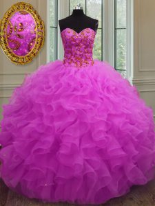 Sweetheart Sleeveless Sweet 16 Dresses Floor Length Beading and Ruffles Fuchsia Organza