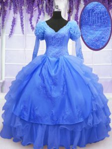 One Shoulder Blue Long Sleeves Floor Length Beading and Embroidery and Hand Made Flower Lace Up Quince Ball Gowns