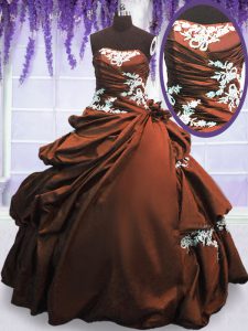 Sophisticated Brown Ball Gowns Taffeta Strapless Sleeveless Appliques and Pick Ups Floor Length Lace Up Quinceanera Dres
