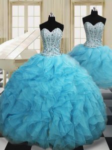 Three Piece Floor Length Baby Blue Sweet 16 Dresses Organza Sleeveless Beading and Ruffles