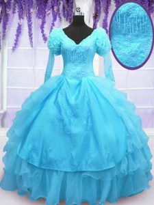 High End Baby Blue Lace Up V-neck Embroidery Sweet 16 Dresses Organza Long Sleeves