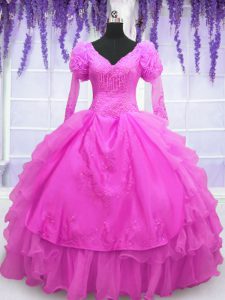 Long Sleeves Floor Length Beading and Embroidery and Hand Made Flower Lace Up Sweet 16 Dresses with Hot Pink