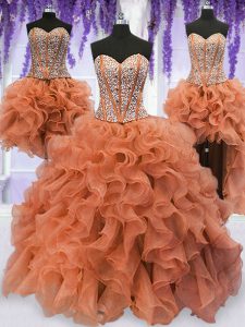Fitting Four Piece Orange Ball Gowns Organza Sweetheart Sleeveless Beading and Ruffles Floor Length Lace Up Quinceanera 