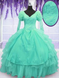 Spectacular Turquoise V-neck Neckline Beading and Embroidery and Hand Made Flower Sweet 16 Dresses Long Sleeves Lace Up