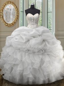 Eye-catching Organza Sweetheart Sleeveless Lace Up Beading and Ruffles and Pick Ups Sweet 16 Dresses in White
