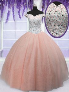 Latest Off The Shoulder Short Sleeves Tulle Vestidos de Quinceanera Beading Lace Up