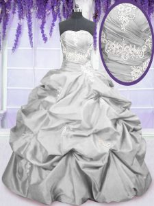 Silver Taffeta Lace Up Quinceanera Gown Sleeveless Floor Length Embroidery and Pick Ups
