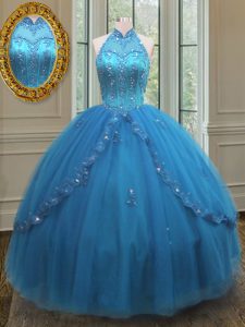 Stylish Blue Ball Gowns High-neck Sleeveless Tulle Floor Length Lace Up Beading and Appliques 15 Quinceanera Dress