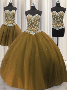 Three Piece Brown Sweetheart Neckline Beading and Sequins Sweet 16 Dresses Sleeveless Lace Up
