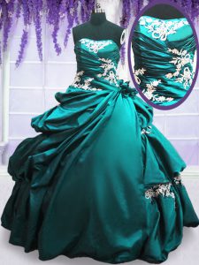 Luxurious Strapless Sleeveless Quinceanera Gown Floor Length Appliques and Pick Ups Teal Taffeta