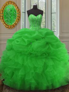 Traditional Beading and Ruffles and Pick Ups Sweet 16 Dresses Green Lace Up Sleeveless Floor Length
