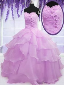 Traditional Lilac Sleeveless Beading and Ruffled Layers and Hand Made Flower Floor Length 15 Quinceanera Dress