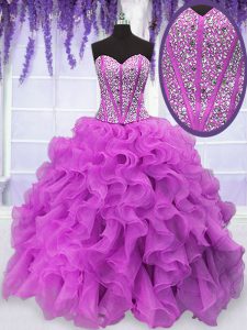 Fashionable Sweetheart Sleeveless Sweet 16 Quinceanera Dress Floor Length Beading and Ruffles Fuchsia Organza