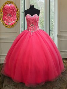 Coral Red Lace Up Sweetheart Beading 15th Birthday Dress Organza Sleeveless