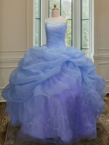Blue Ball Gowns Organza Strapless Sleeveless Embroidery and Pick Ups Floor Length Lace Up Quince Ball Gowns