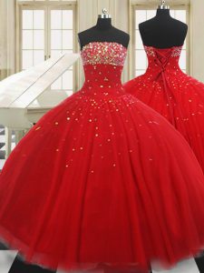 Red Ball Gowns Beading Quinceanera Gowns Lace Up Tulle Sleeveless Floor Length