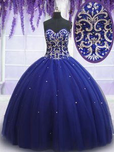 Floor Length Royal Blue Ball Gown Prom Dress Tulle Sleeveless Beading