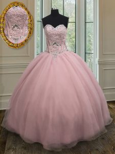 Baby Pink Sleeveless Organza Lace Up Sweet 16 Dress for Military Ball and Sweet 16 and Quinceanera