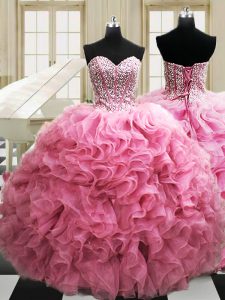 Super Rose Pink Sleeveless Beading and Ruffles Floor Length Ball Gown Prom Dress