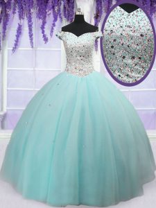 Floor Length Light Blue Quinceanera Gown Off The Shoulder Short Sleeves Lace Up