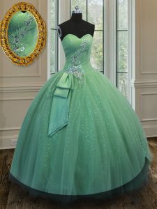 Sleeveless Floor Length Beading and Ruching and Bowknot Lace Up Sweet 16 Dress with Green