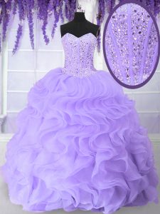 Artistic Sweetheart Sleeveless Quinceanera Dress Floor Length Beading and Ruffles Lavender Organza