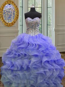 Floor Length Lace Up Sweet 16 Dress Lavender for Military Ball and Sweet 16 and Quinceanera with Beading and Ruffles
