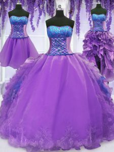 Four Piece Sleeveless Organza Floor Length Lace Up Sweet 16 Dresses in Lavender with Embroidery and Ruffles