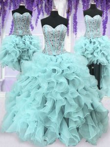 Four Piece Floor Length Lace Up Sweet 16 Dresses Light Blue for Military Ball and Sweet 16 and Quinceanera with Ruffles 