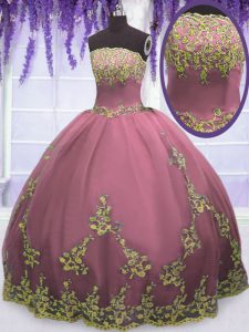 Fancy Lilac Ball Gowns Tulle Strapless Sleeveless Appliques Floor Length Zipper Ball Gown Prom Dress