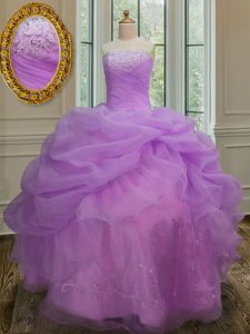 Fashionable Pick Ups Ball Gowns Quince Ball Gowns Lilac Strapless Organza Sleeveless Floor Length Lace Up