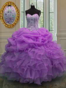 Luxury Lilac Ball Gowns Sweetheart Sleeveless Organza Floor Length Lace Up Beading and Pick Ups 15 Quinceanera Dress
