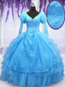 Fashionable Floor Length Ball Gowns Long Sleeves Baby Blue Quinceanera Gown Lace Up