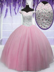 Enchanting Tulle Off The Shoulder Short Sleeves Lace Up Beading Quinceanera Gown in Baby Pink