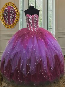 Cute Multi-color Sleeveless Floor Length Beading and Ruffles and Sequins Lace Up Sweet 16 Dresses