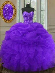 Fancy Organza Sweetheart Sleeveless Lace Up Beading and Ruffles and Pick Ups Ball Gown Prom Dress in Purple