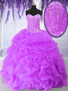 Eye-catching Lilac Ball Gowns Sweetheart Sleeveless Organza Floor Length Lace Up Beading and Ruffles Quinceanera Dresses