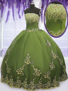 Fashion Floor Length Olive Green Quinceanera Gown Tulle Sleeveless Appliques