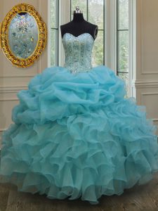 Fashionable Baby Blue Ball Gowns Beading and Pick Ups 15th Birthday Dress Lace Up Organza Sleeveless Floor Length