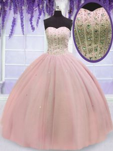 Baby Pink Ball Gowns Sweetheart Sleeveless Tulle Floor Length Lace Up Beading Quinceanera Dress
